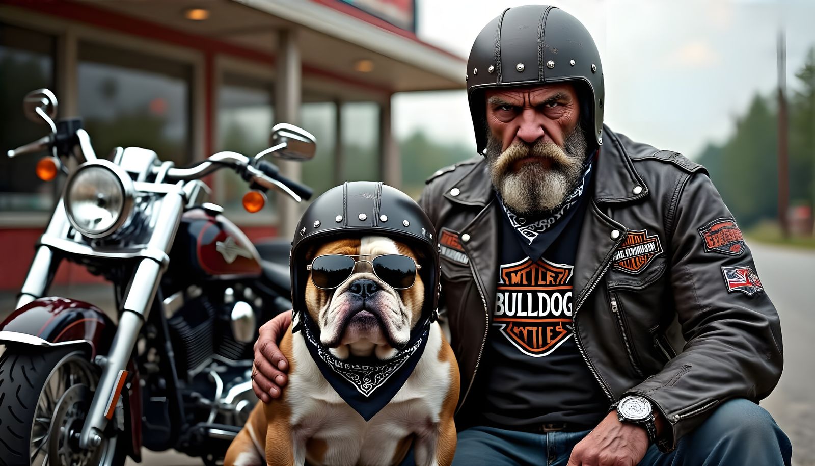 Biker and Bulldog in Gritty Cinematic Realism Style