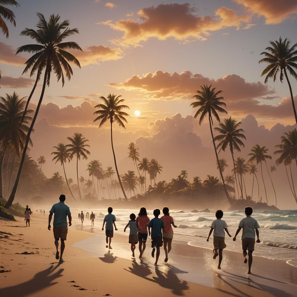 Family Runs Towards Sunset on Beach: Digital Matte Painting