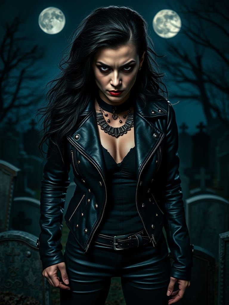 Dark Gothic Vampire Goddess Stands Vigilant in Graveyard