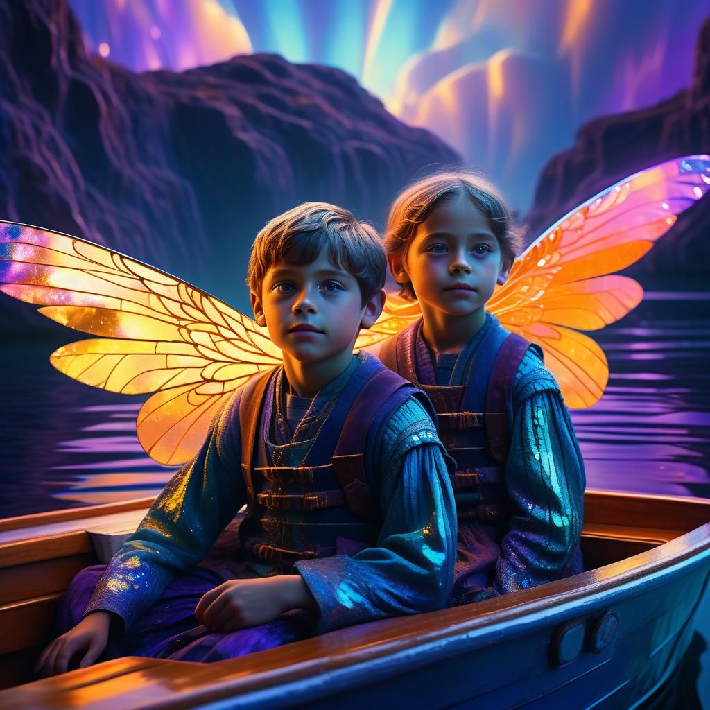 Ethereal Children with Iridescent Wings on a Boat