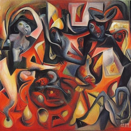 Surreal Chess Game: Abstract Figures in Oil Painting