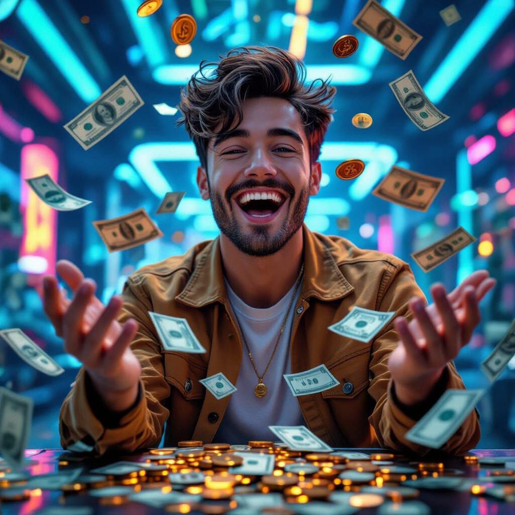 Excited Man Surrounded by Money in Futuristic Style