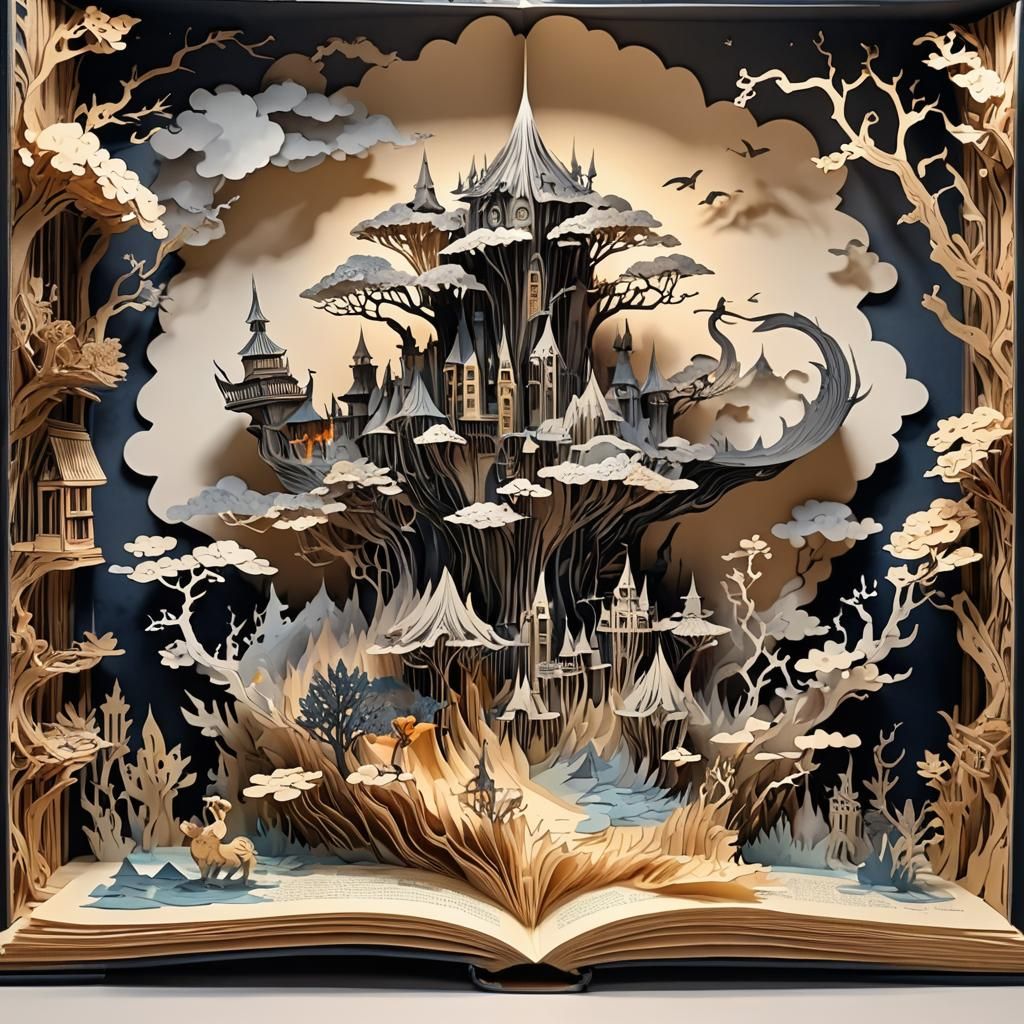 Watercolor Pop-up Book with Mythical Creature Silhouette