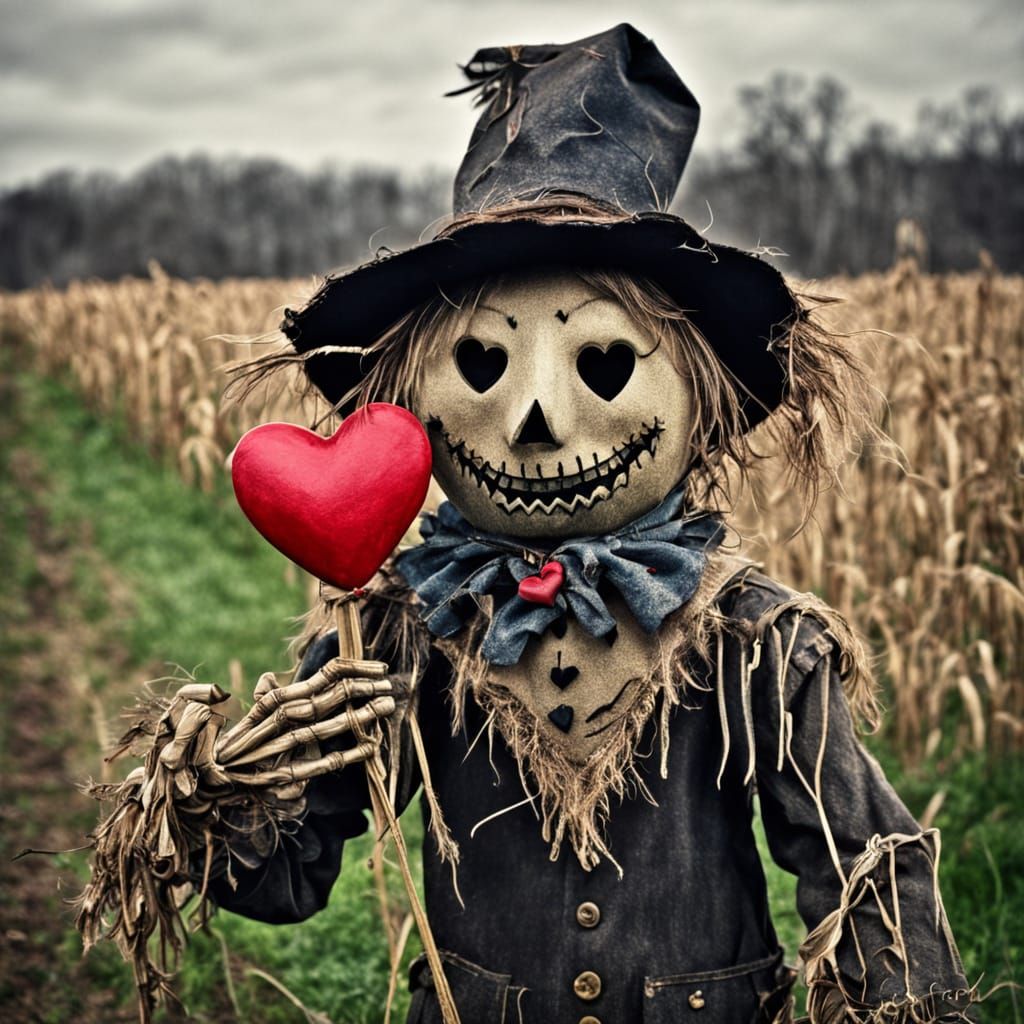 Creepy Scarecrow Holding a Valentine's Heart