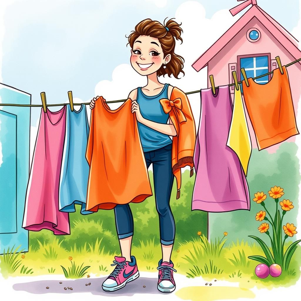 Cartoon Woman Folds Laundry on Sunny Monday