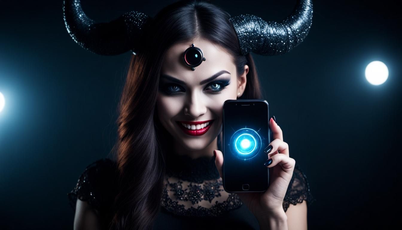 Hyperrealistic Female Demon with Phone and Evil Smile