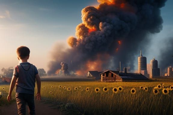 Terrified Family Fleeing a War-Torn City