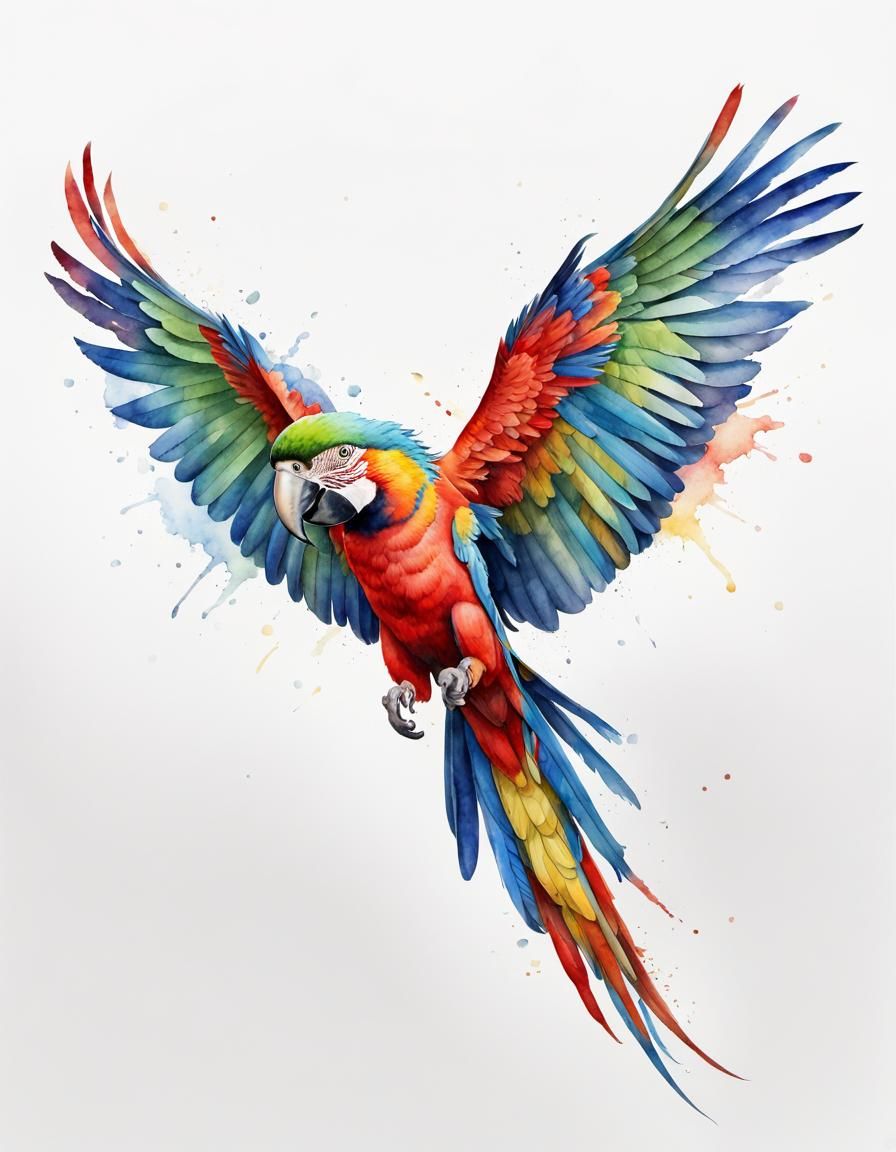 Colorful Macaw Parrot Flight: Watercolor Art