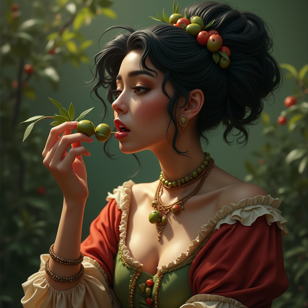 Olive-Skinned Woman Eating Olive, Detailed Matte Painting