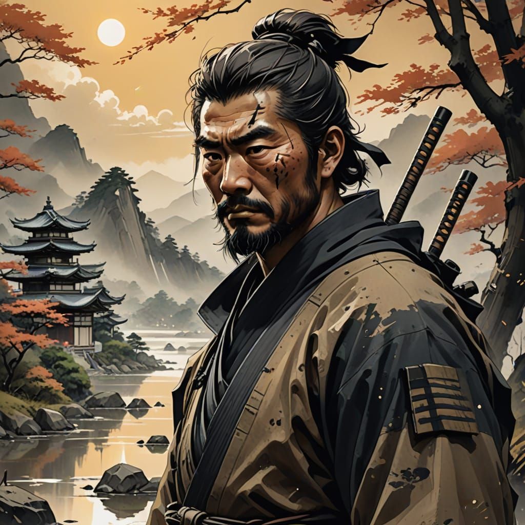 Ronin in Japanese Landscape as Ink Wash Painting