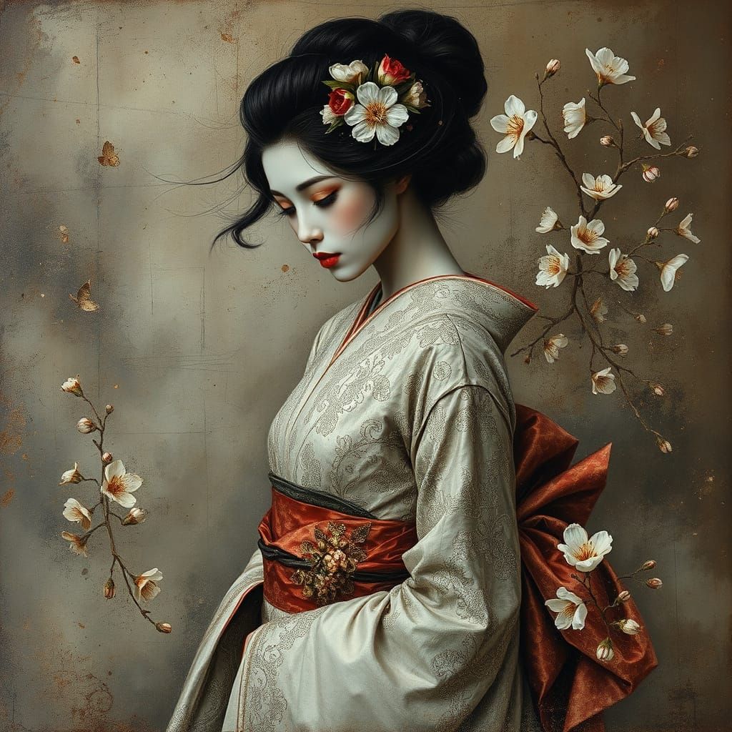 Serene Geisha in Surreal Metallic Lace