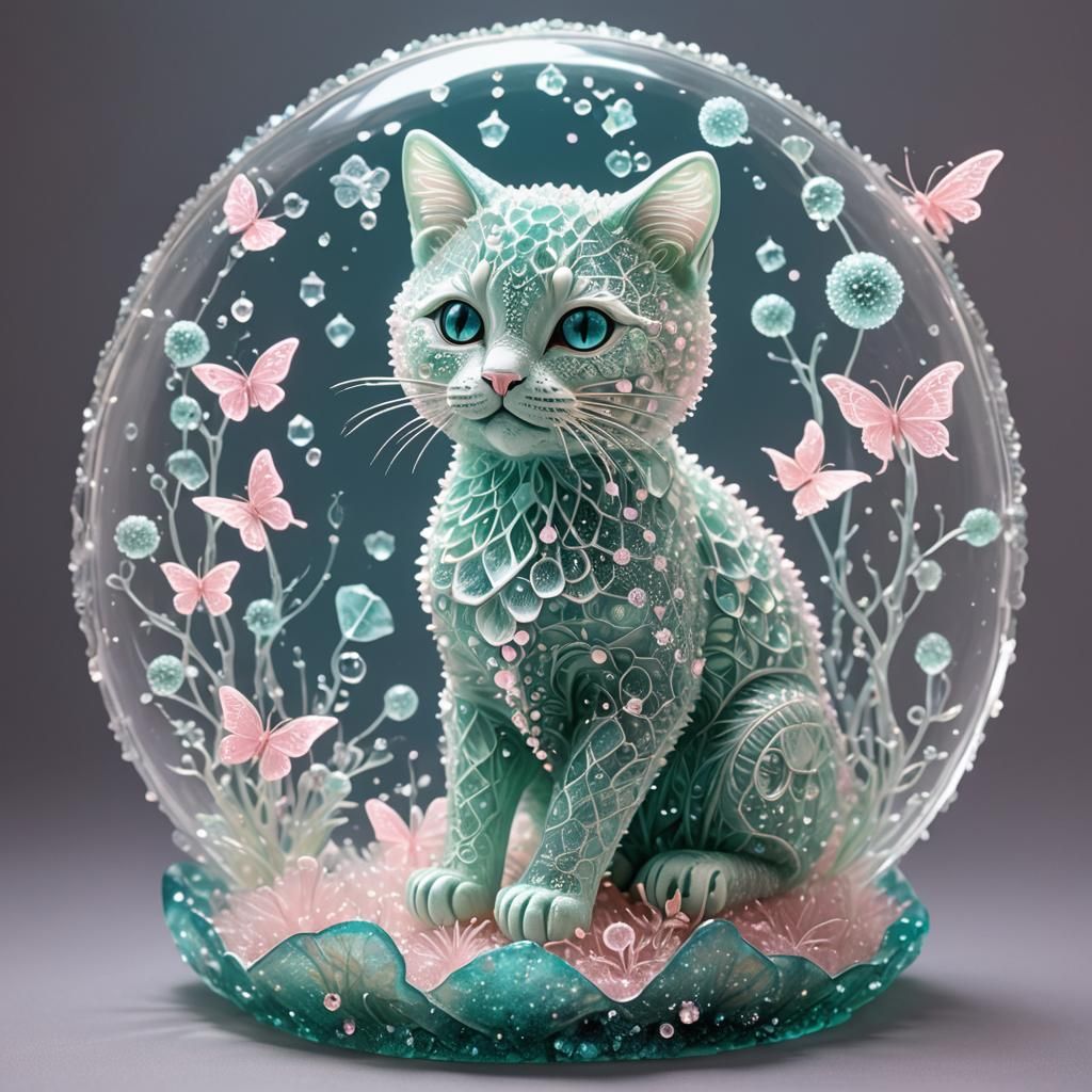 Crystal Cat Sculpture with Bioluminescent Butterflies