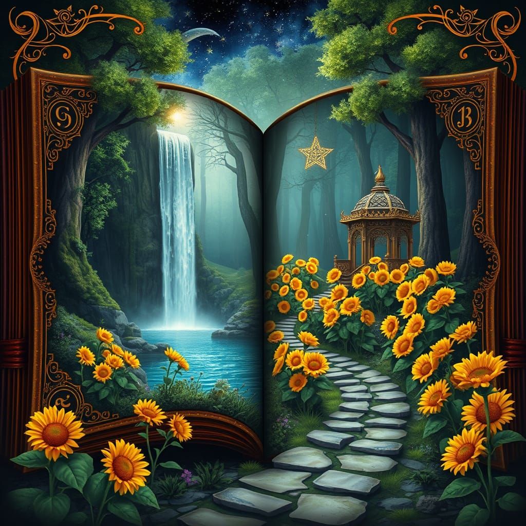 Mystical Forest Within Ancient Leather-Bound Book in Whimsic...