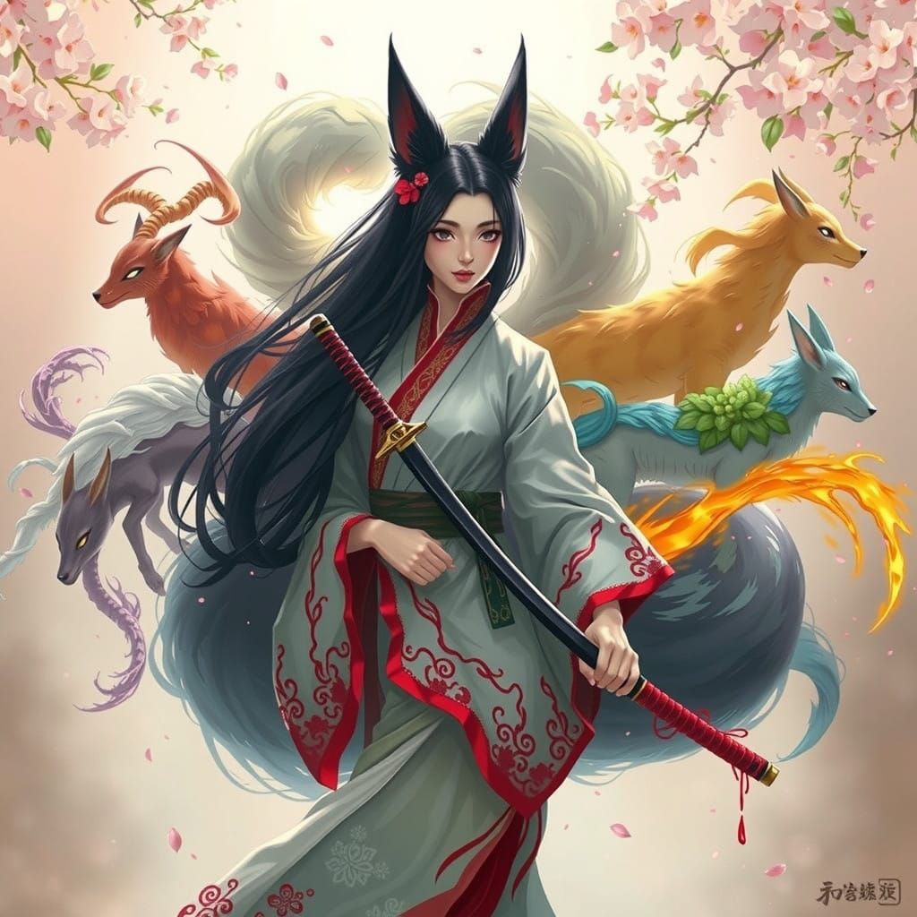 Serene Kitsune in White Silk and Red Satin Kimono, Katana in...