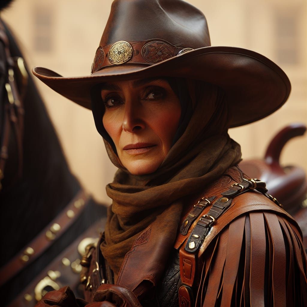 Middle-Eastern Woman in Leather Cowboy Outfit