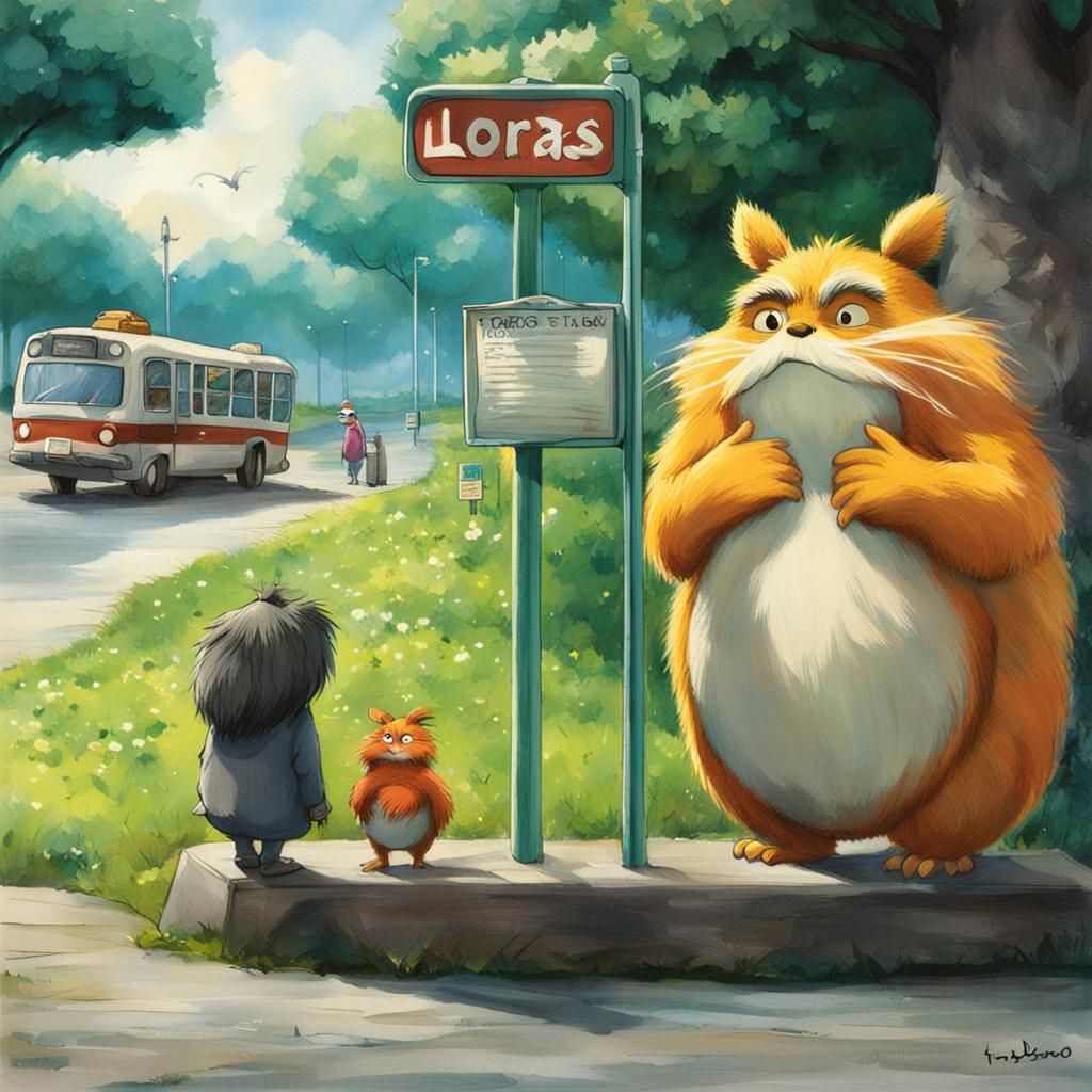 Totoro and The Lorax at the Bus Stop