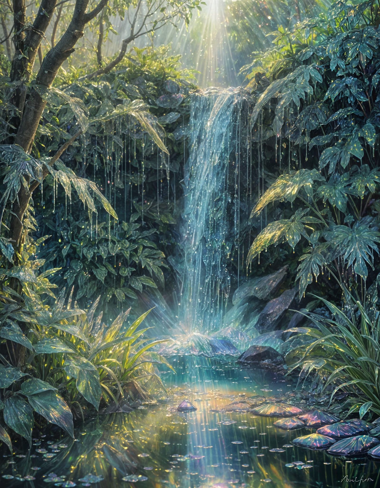 Ethereal Waterfall with Iridescent Light: Oil Painting