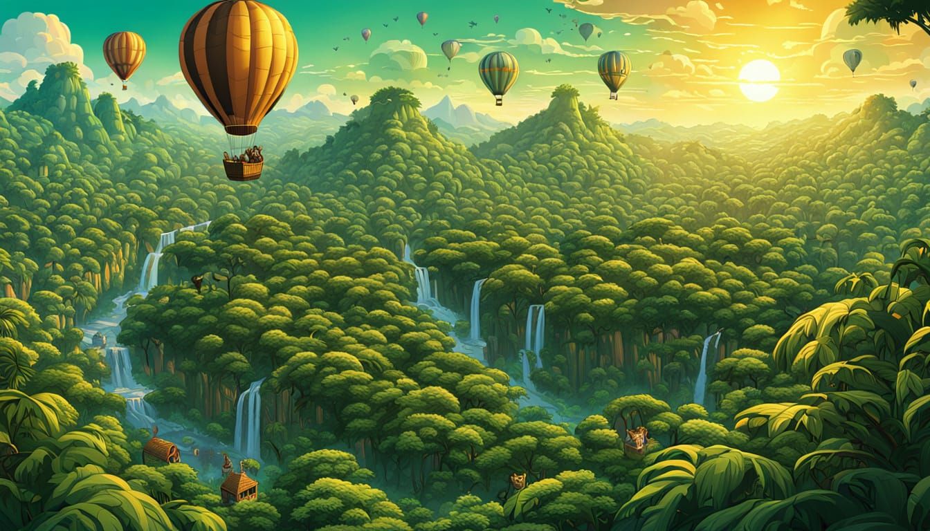 Jungle Cats' Hot Air Balloon Picnic: Storybook Illustration