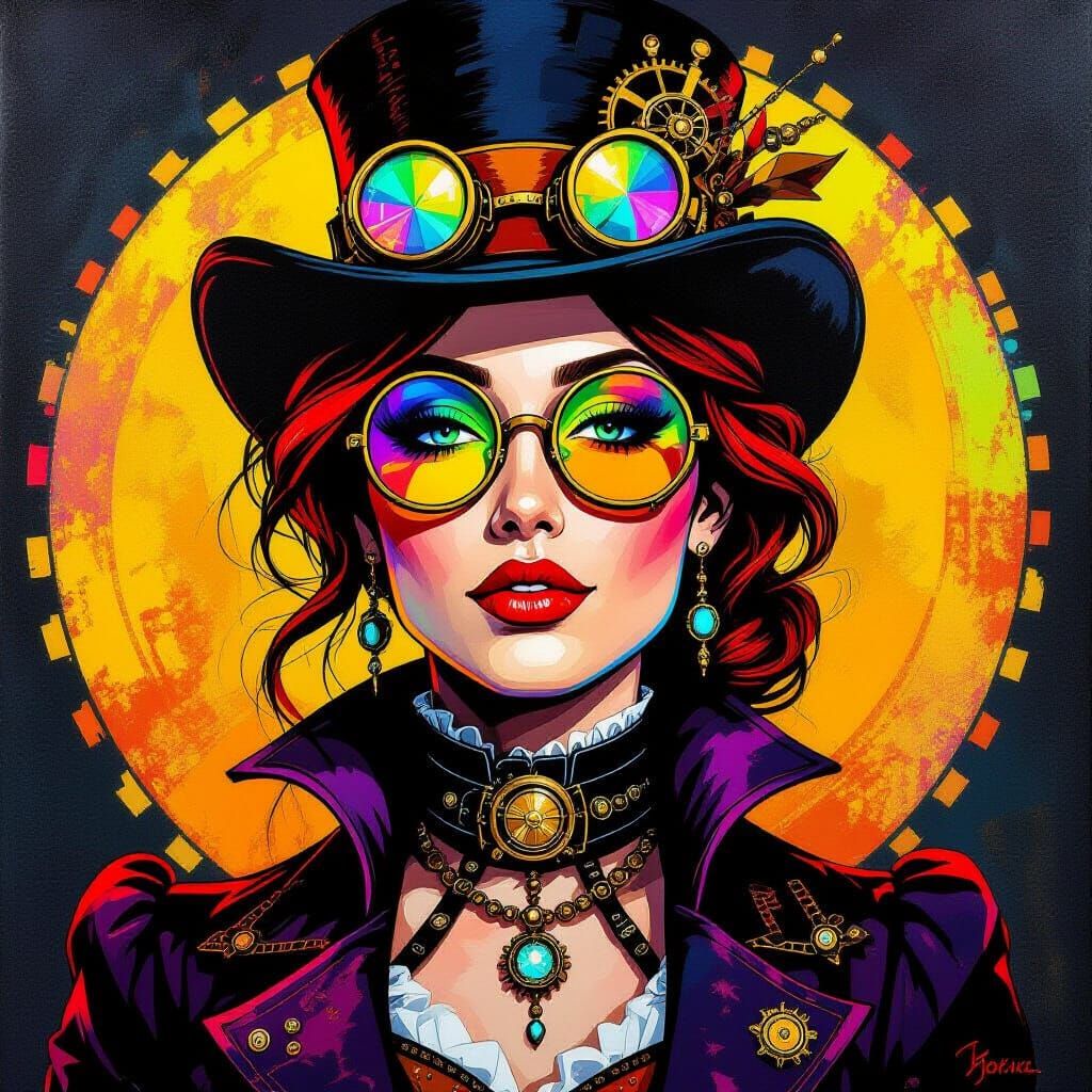 Steampunk Woman: Acrylic Portrait in Blacklight Style