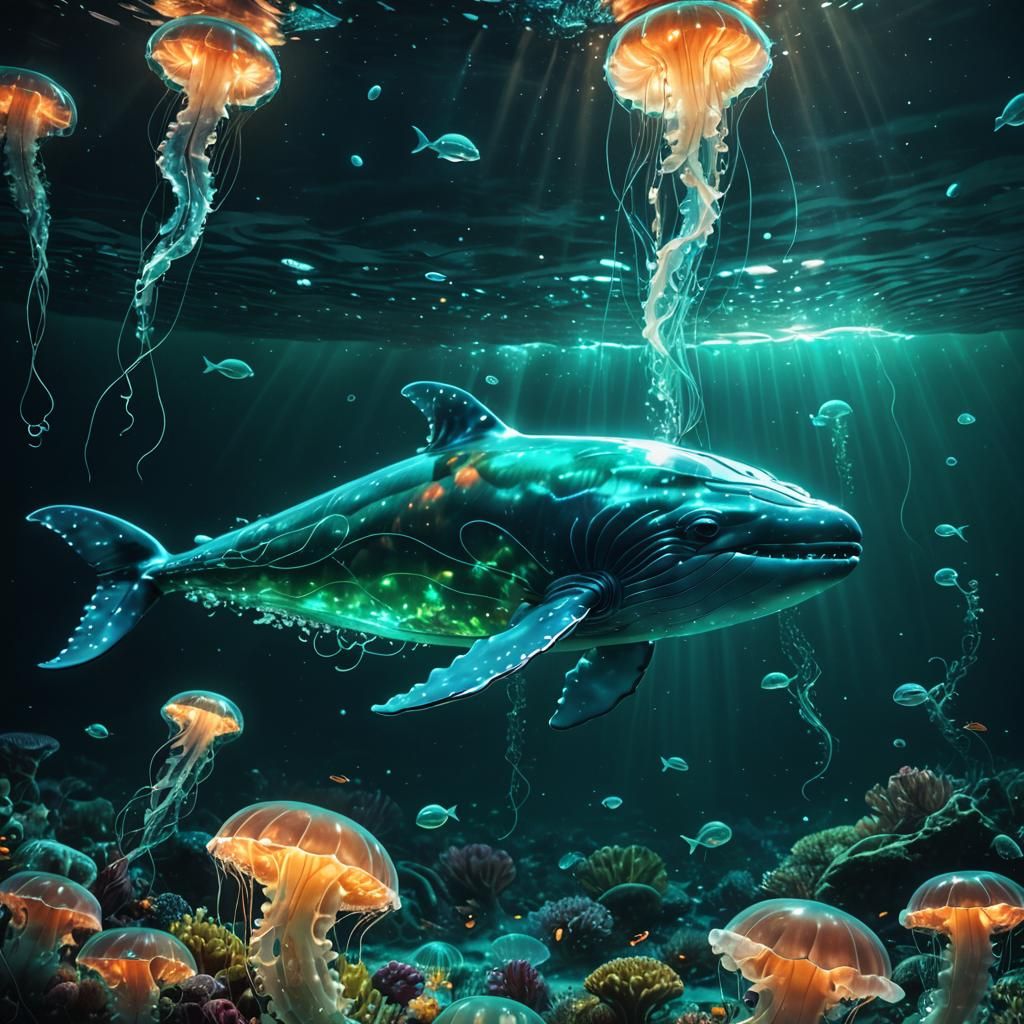 Bioluminescent Glass Whale in Surreal Ocean Scene