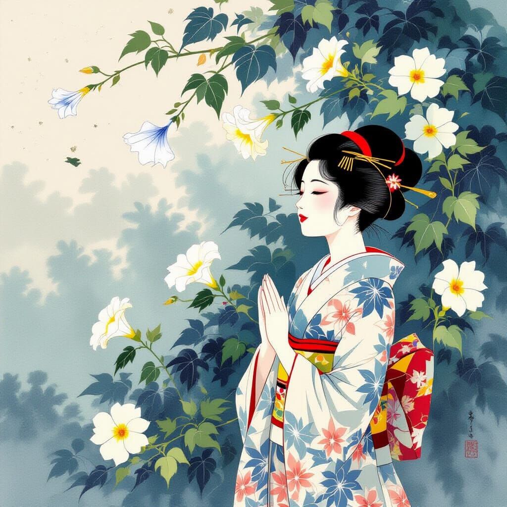 Japanese Morning Glories in Ukiyo-e Inksplash Style