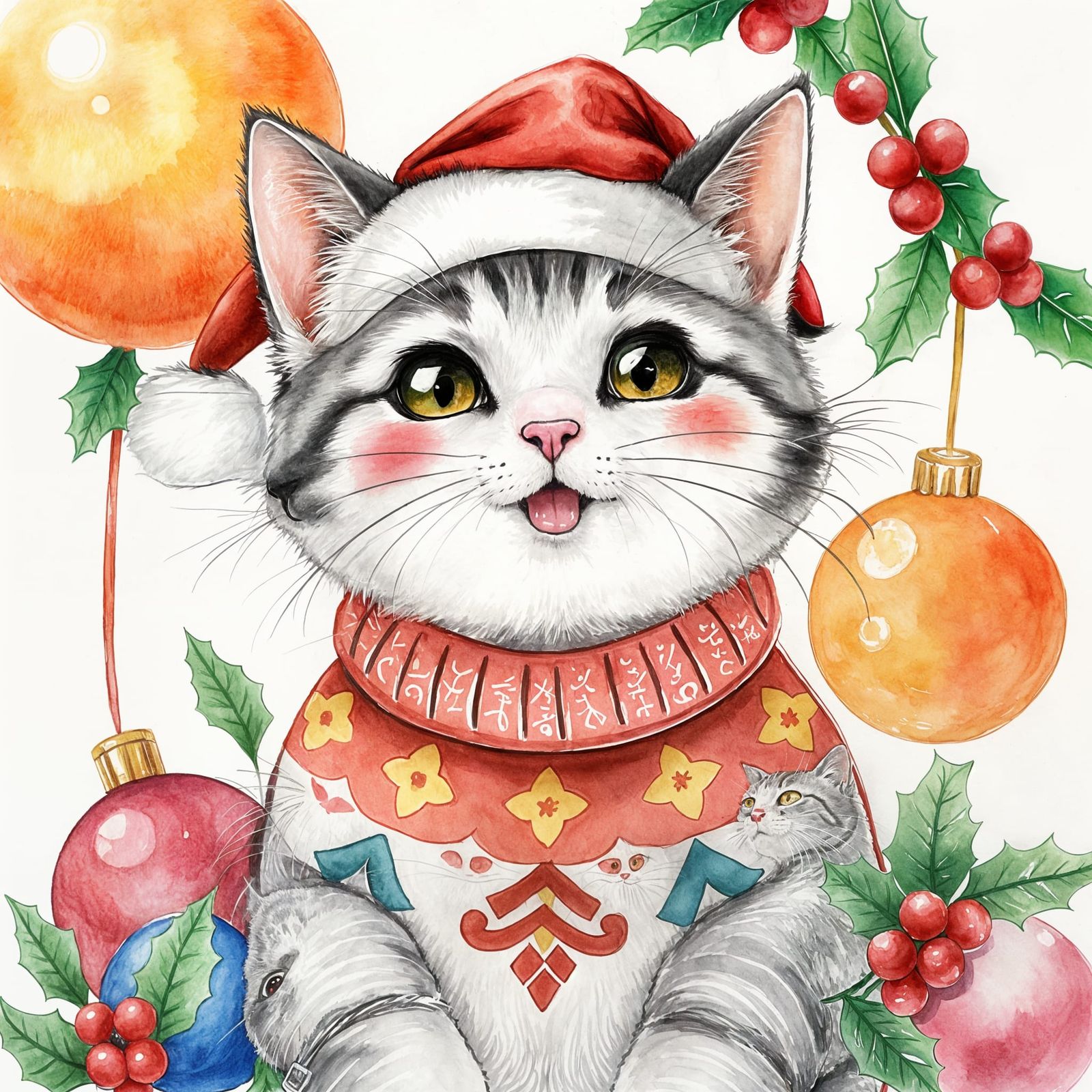 Joyful Cat in Festive Watercolor Anime Style