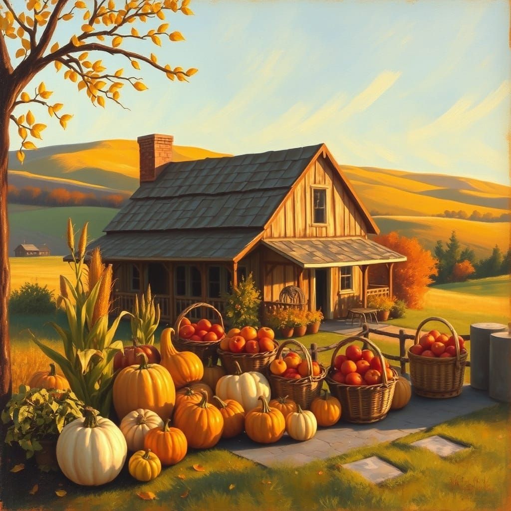 Rustic Farmhouse Autumn Harvest in Golden Light