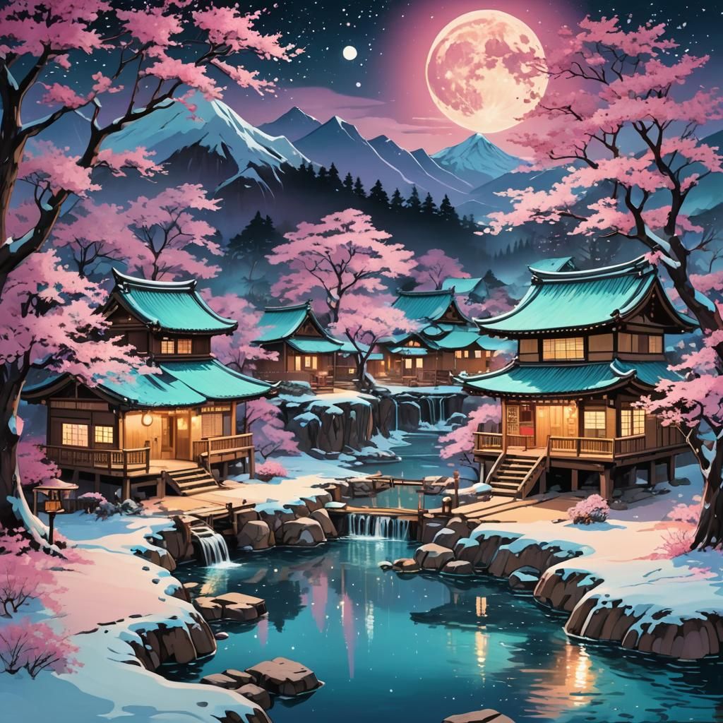 Serene Japanese Village Under Moonlight: Comic Art