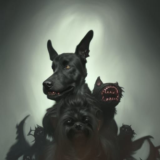 Three-Headed Demon Dog Portrait with Crow Wings