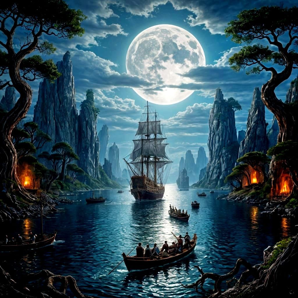 Moonlit Seascape with Majestic Sailing Ship