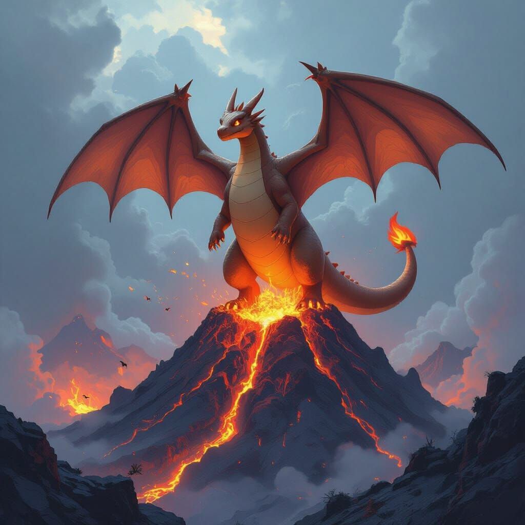 Charizard Soaring Above Volcano in Hyperrealistic Style