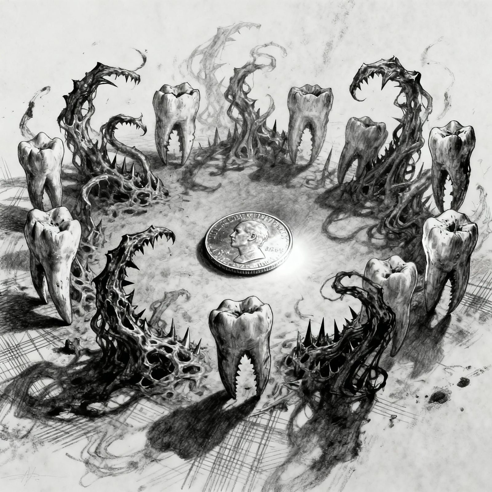 Goofy Teeth Dance Around Penny in Charcoal Sketch