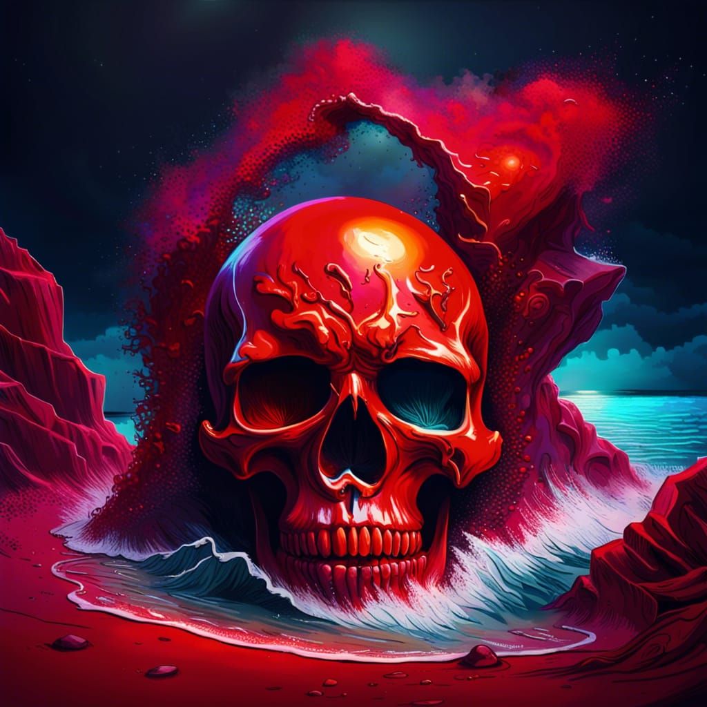 Hyperrealistic Skull Beach with Red Ocean at Night