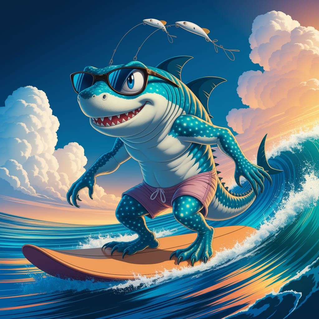 Deep-Sea Surfer with Bioluminescent Scales and Shark-Like Fe...