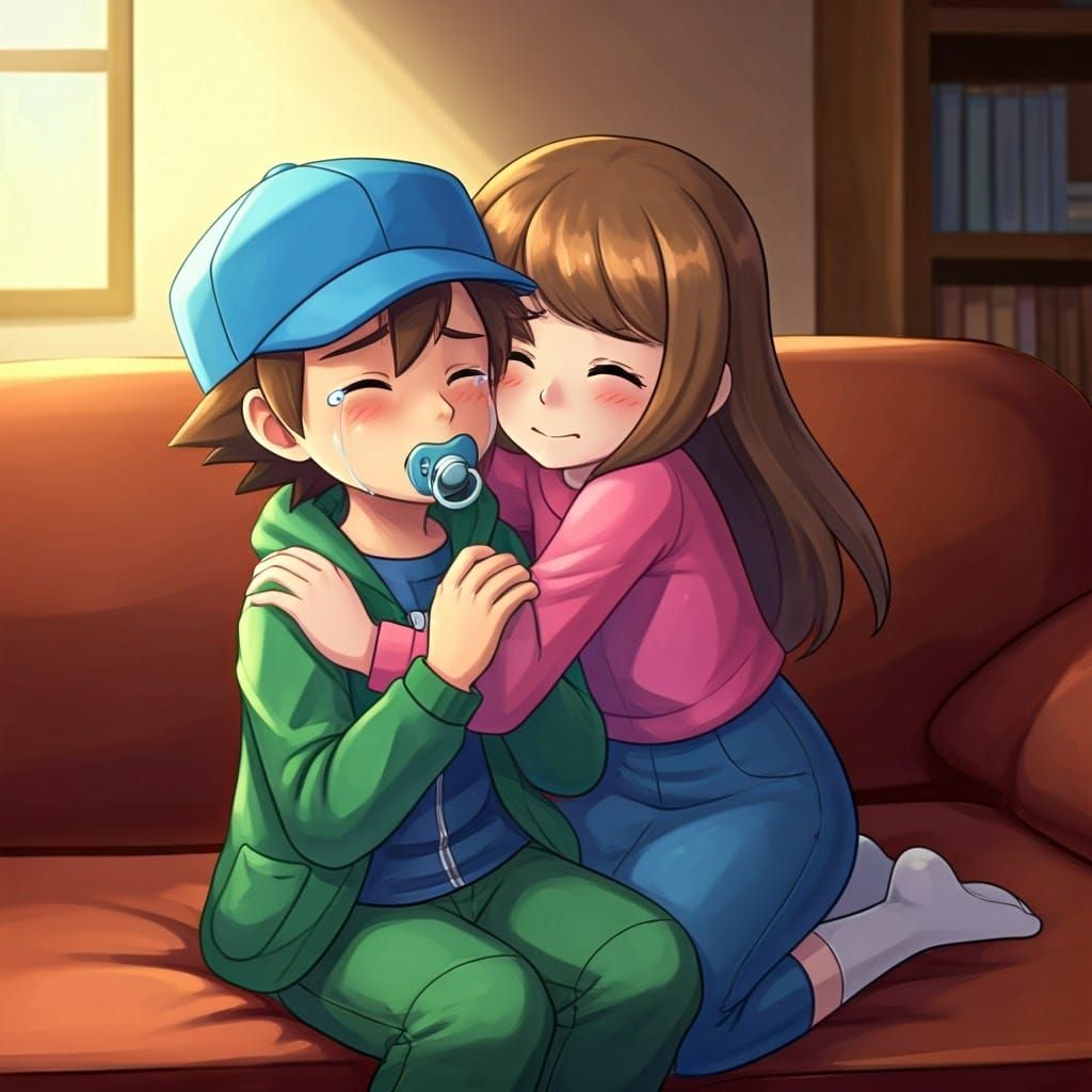 Pokémon Trainer Comforted in Nostalgic Digital Art