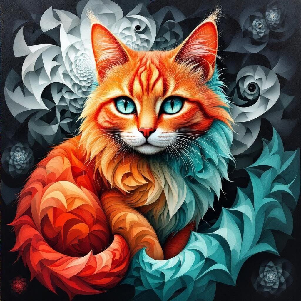 Fractal Cat in Geometric Dreamscape: Abstract Acrylic