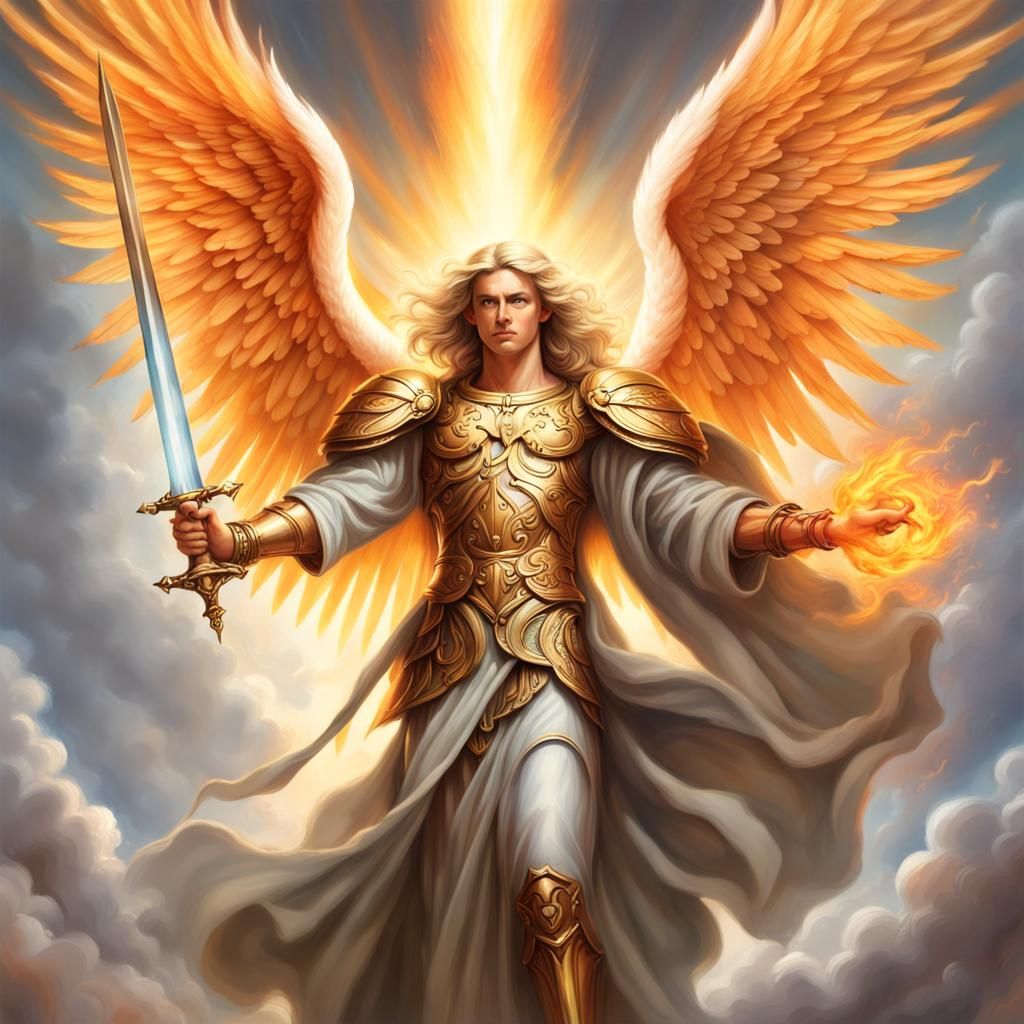 Archangel Uriel with Flaming Sword in Realistic Style