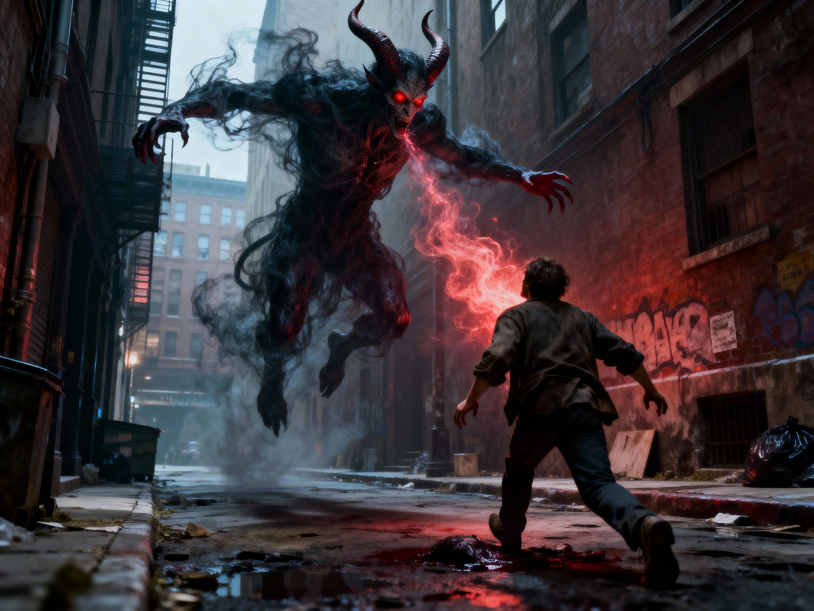 Demonic Entity Draining Life Force in City Alley