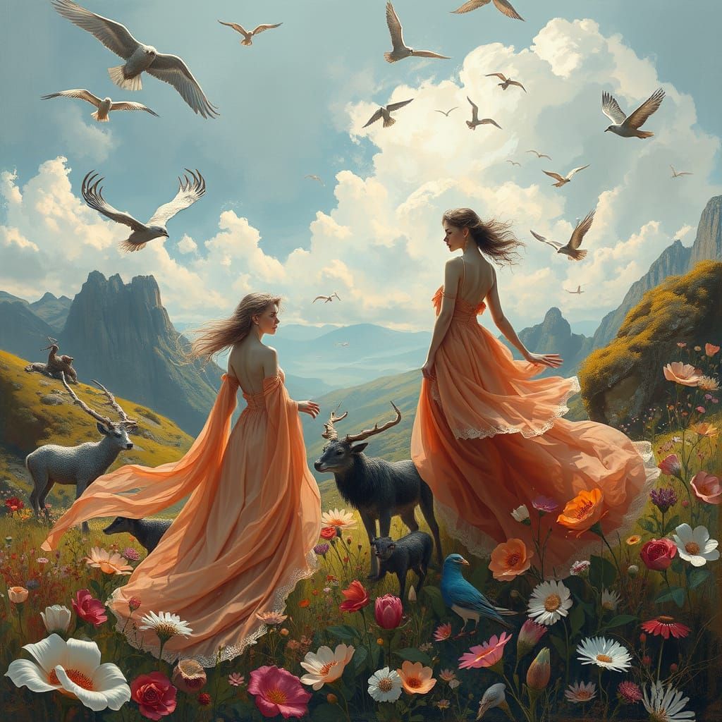 Surreal Scene of Women, Animals, and Nature
