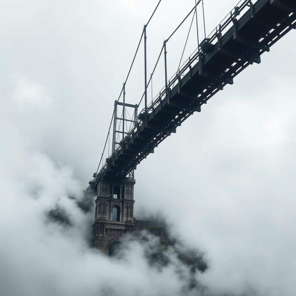 Broken Bridge Over Abyss in Grey Clouds