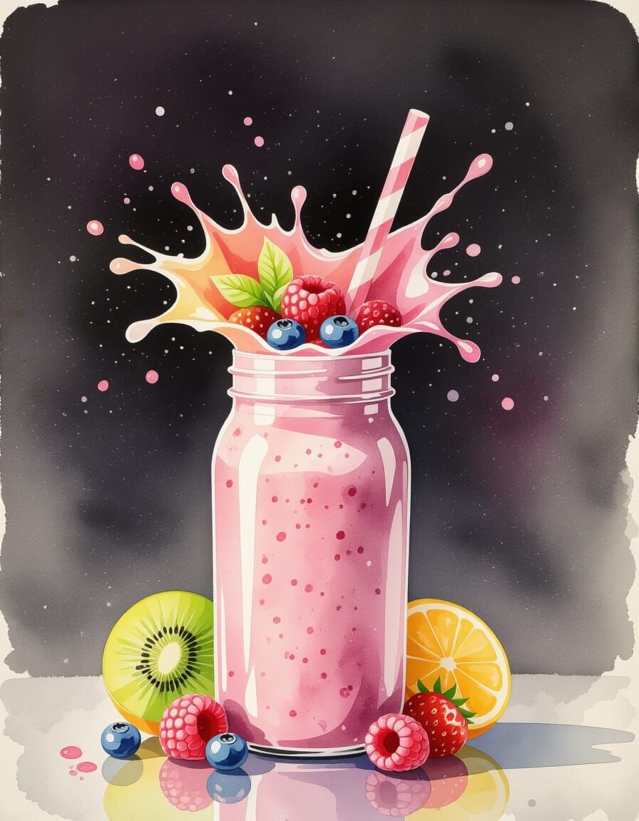 Watercolor Splash Art of Berry Smoothie