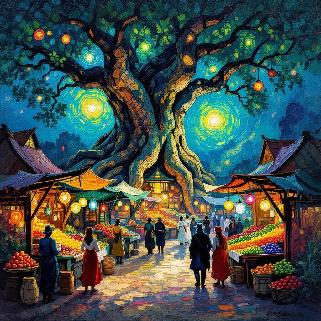 Fantasy Tree Root Marketplace with Bioluminescent Wares