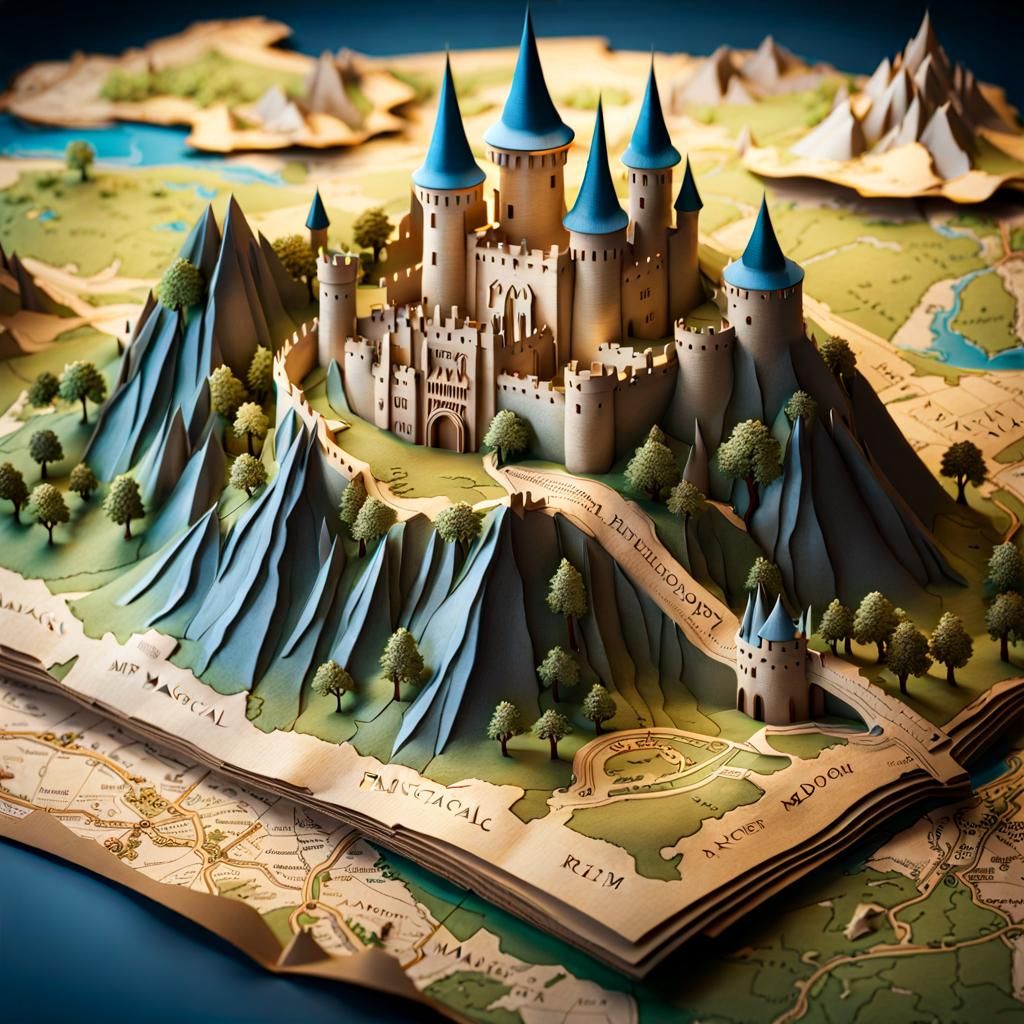 Detailed Fantasy World Map with 3D Elements