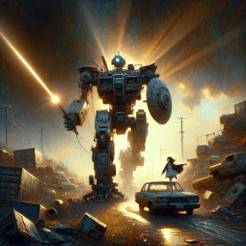 Junkyard Battle-Mech Protector in Oil Painting Style
