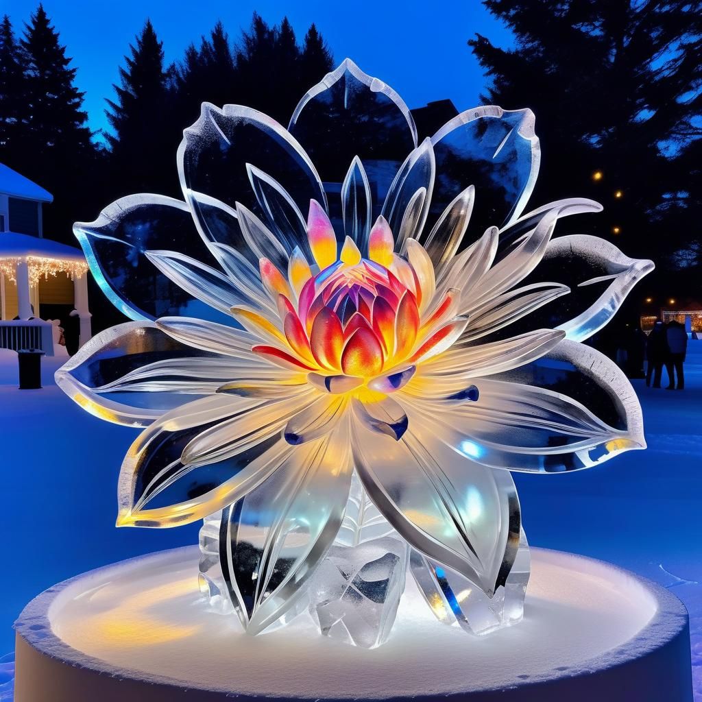 Spectacular Ice Flower Sculpture with Colorful Illumination