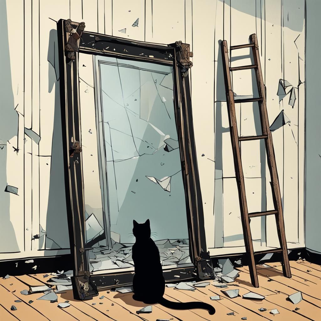 Superstitious Scene: Broken Mirror, Ladder, Black Cat