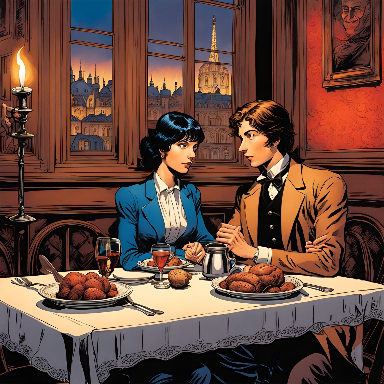 Romantic Dinner in French Restaurant: Comic Book Style