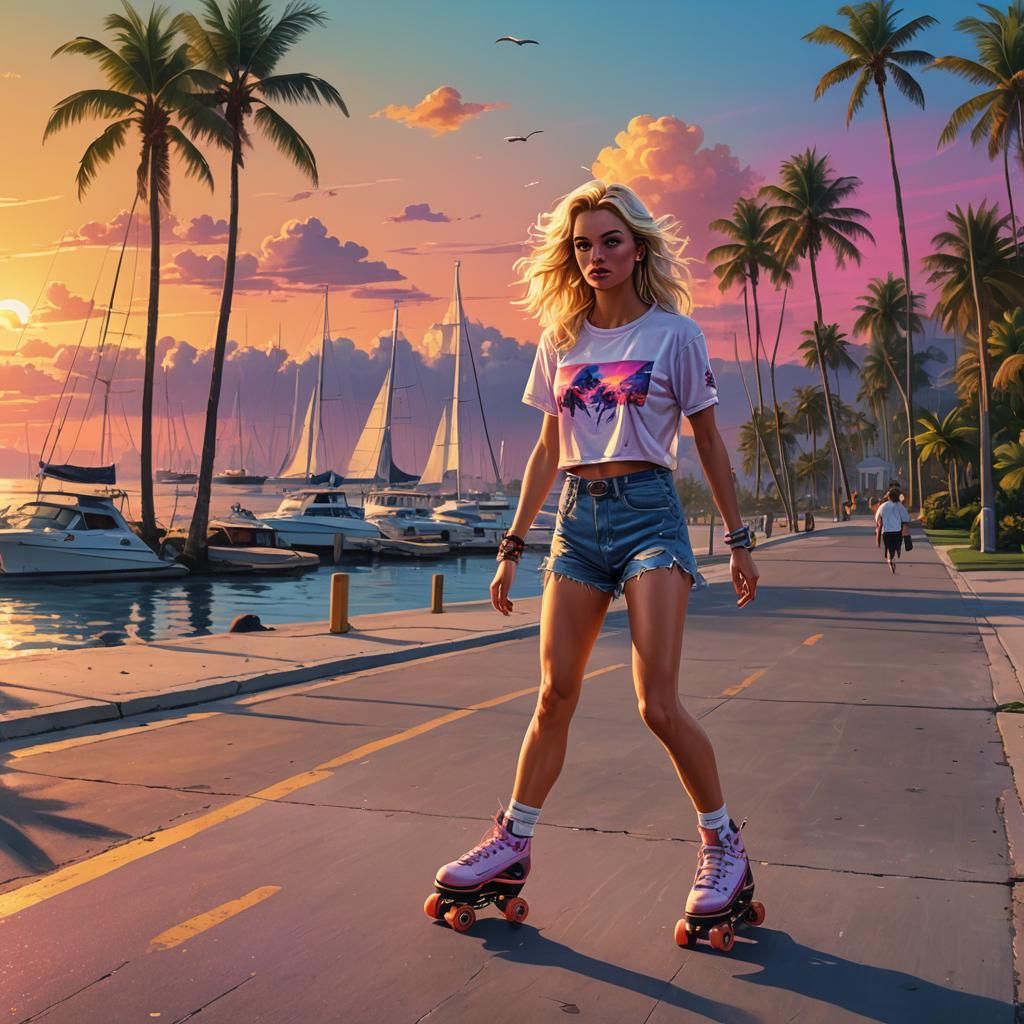 1980s Skater Girl at Sunset: Synthwave Digital Painting