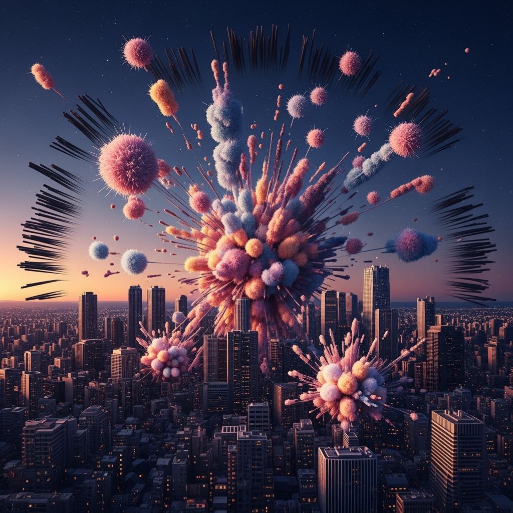 Abstract Tokyo Skyline with Pom-Pom Constellations