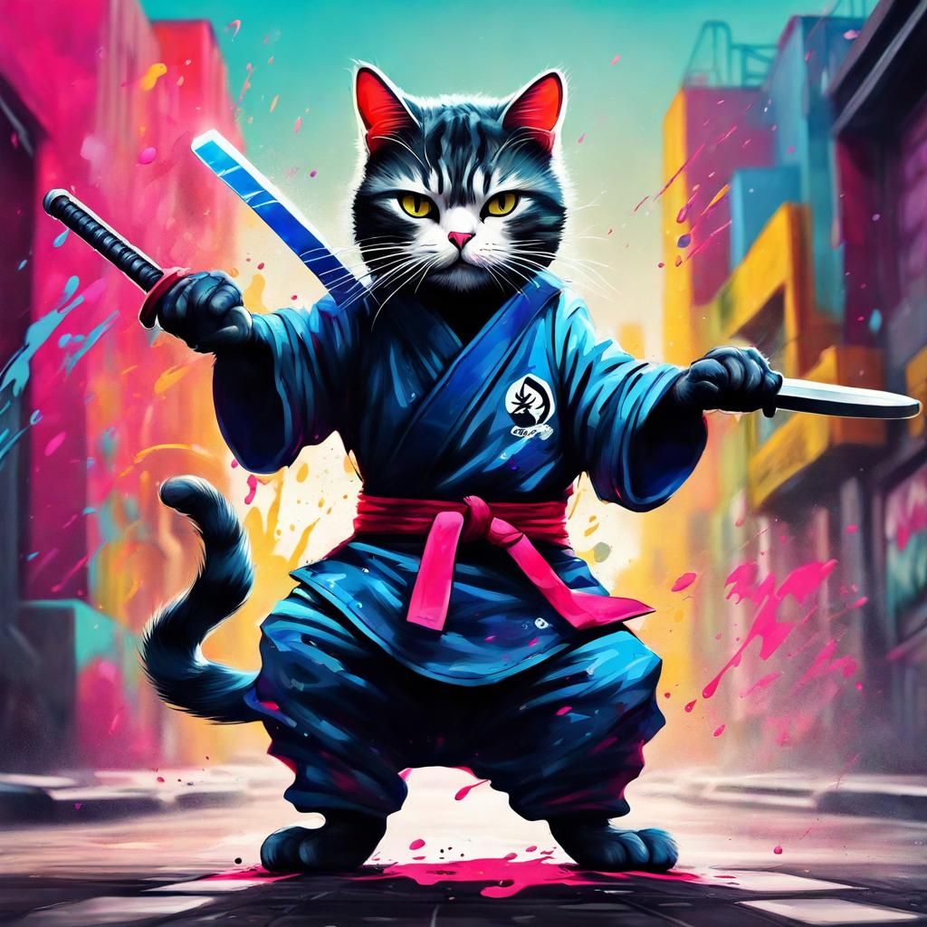 Ninja Cat Graffiti Art in Fighting Stance